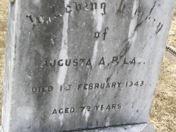 Augusta A.P. LAU,  | died 1 Feb 1943 aged 72 years;  | Douglas Lutheran cemetery, Crows Nest Shire  | 
