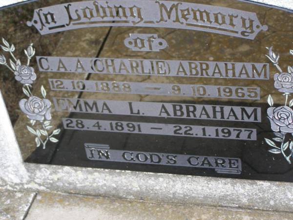 C.A.A. (Charlie) ABRAHAM,  | 12-10-1888 - 9-10-1965;  | Emma L. ABRAHAM,  | 28-4-1891 - 22-1-1977;  | Eric ABRAHAM,  | died infancy 2 Oct 1928;  | Douglas Lutheran cemetery, Crows Nest Shire  | 