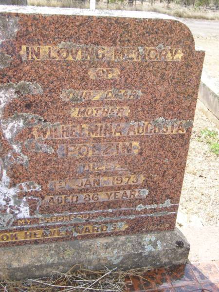 Franz POLZIN, husband father,  | died 2 August 1961 aged 84 years;  | Wilhelmina Augusta POLZIN, mother,  | died 1 Jan 1973 aged 86 years;  | Douglas Lutheran cemetery, Crows Nest Shire  | 