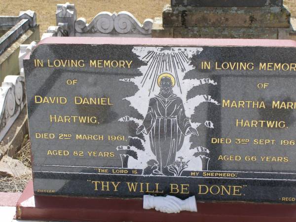 David Daniel HARTWIG,  | died 2 March 1961 aged 82 years;  | Martha Maria HARTWIG,  | died 3 Sept 1961 aged 66 years;  | Douglas Lutheran cemetery, Crows Nest Shire  | 