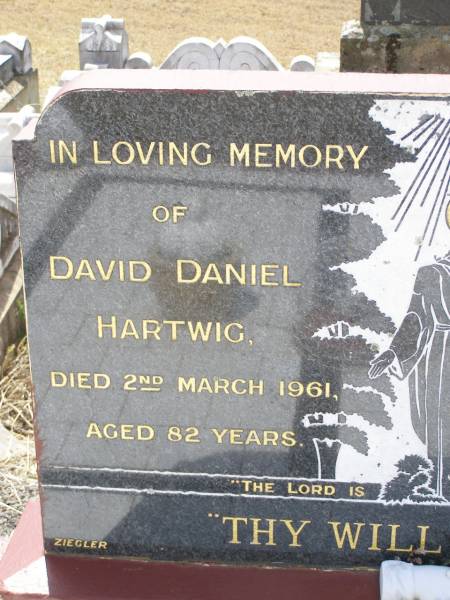 David Daniel HARTWIG,  | died 2 March 1961 aged 82 years;  | Martha Maria HARTWIG,  | died 3 Sept 1961 aged 66 years;  | Douglas Lutheran cemetery, Crows Nest Shire  | 