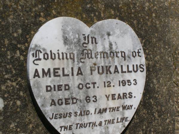 Amelia PUKALLUS,  | died 12 Oct 1953 aged 63 years;  | Douglas Lutheran cemetery, Crows Nest Shire  | 