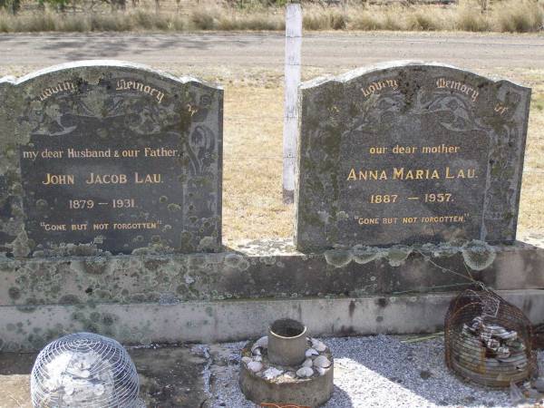 John Jacob LAU, husband father,  | 1879 - 1931;  | Anna Maria LAU, mother,  | 1887 - 1957;  | Douglas Lutheran cemetery, Crows Nest Shire  | 