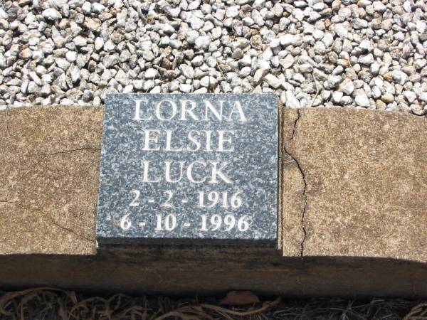 Lorna Elsie LUCK  | B: 2 Feb 1916  | D: 6 Oct 1996  |   | Drayton and Toowoomba Cemetery  |   | 