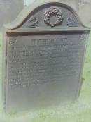 
Christopher Irving THOMSON
d: 29 Jul 1854 aged 27, Townfoot, Lockerbie
student of divinity in the United Presbyterian Church
son of John THOMSON

John THOMSON
d: 13 Aug 1852 aged 72 Townfoot, Lockerbie

two infant children lie in Wamphray Church yard

Jane Irving
d: 30 Apr 1861 aged 80
wife of John THOMSON

Cemetery of Dryfesdale Parish Church, Lockerbie, Dumfriesshire, Scotland



