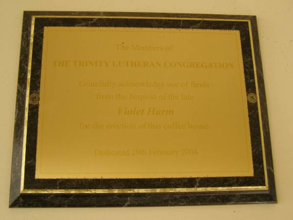 Bequest of Violet HARM,  | dedicated 29 Feb 2004;  | Dugandan Trinity Lutheran cemetery, Boonah Shire  | 