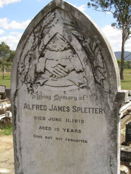Alfred James SPLETTER,  | died 11 June 1915 aged 15 years;  | Dugandan Trinity Lutheran cemetery, Boonah Shire  | 