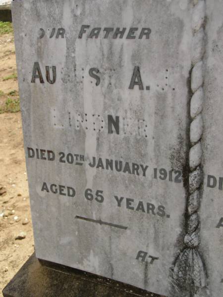 August A.J. LINDNER,  | father,  | died 20 Jan 1912 aged 65 years;  | Auguste W. LINDNER,  | mother,  | died 24 March 1947 aged 95 years;  | Dugandan Trinity Lutheran cemetery, Boonah Shire  | 