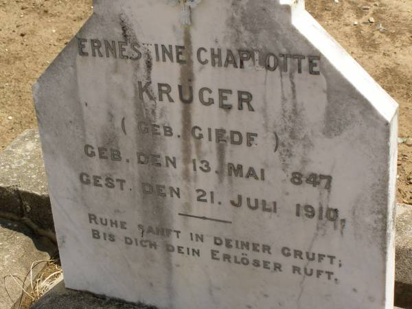 Ernestine Charlotte KRUGER (nee GIEDE),  | born 13 May 1847,  | died 21 July 1910;  | Dugandan Trinity Lutheran cemetery, Boonah Shire  | 