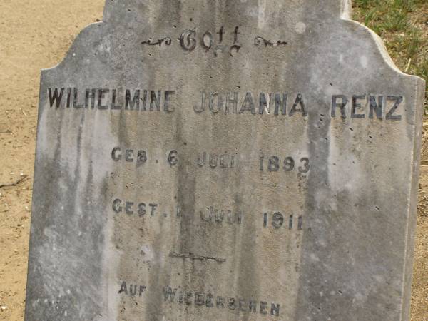 Wilhelmine Johanna RENZ,  | born 6 July 1893,  | died 2 July 1911;  | Dugandan Trinity Lutheran cemetery, Boonah Shire  | 