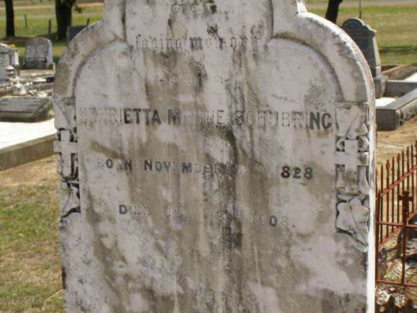 Henrietta Minnie SCHUBRING,  | born 10 Nov 1828,  | died 13 July 1903;  | Dugandan Trinity Lutheran cemetery, Boonah Shire  | 