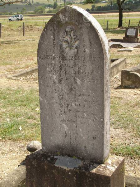 August Friedrich Anton EBERT,  | born 17 May 1854,  | died 25 Sept 1905 aged 51 years & ? months;  | Dugandan Trinity Lutheran cemetery, Boonah Shire  | 