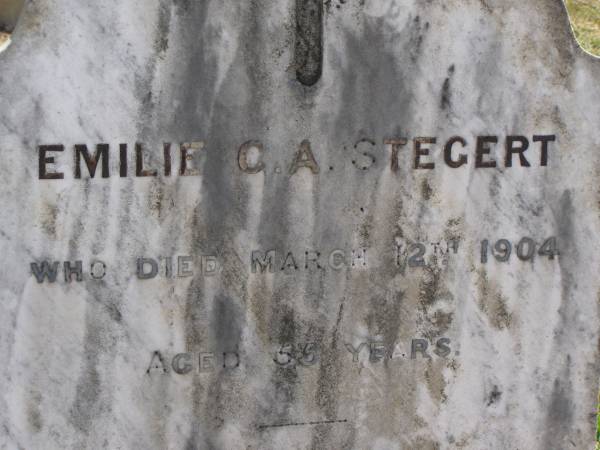 Emilie C.A. STEGERT,  | died 12 March 1904 aged 55 years;  | Dugandan Trinity Lutheran cemetery, Boonah Shire  | 