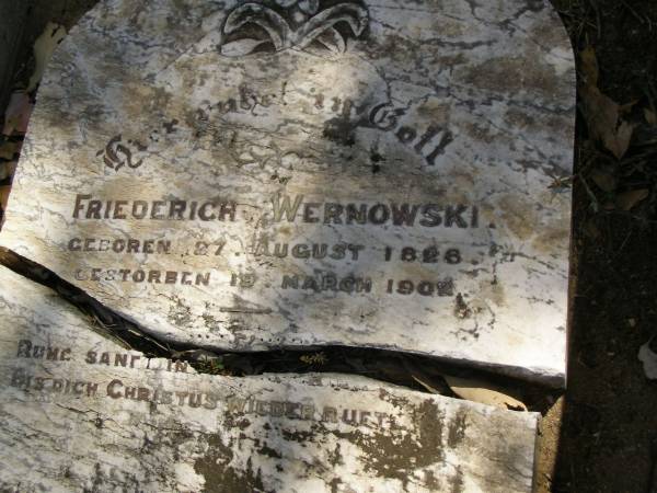 Friederich WERNOWSKI,  | born 27 Aug 1826,  | died 19 March 1902;  | Dugandan Trinity Lutheran cemetery, Boonah Shire  | 