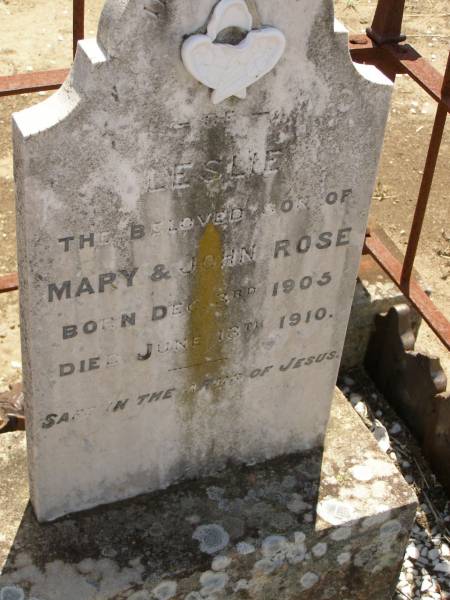 Leslie,  | son of Mary & John ROSE,  | born 3 Dec 1905,  | died 13 June 1910;  | Dugandan Trinity Lutheran cemetery, Boonah Shire  | 