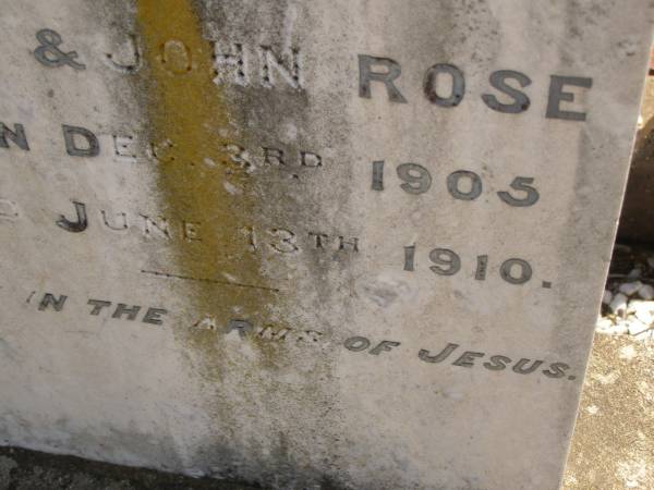 Leslie,  | son of Mary & John ROSE,  | born 3 Dec 1905,  | died 13 June 1910;  | Dugandan Trinity Lutheran cemetery, Boonah Shire  | 