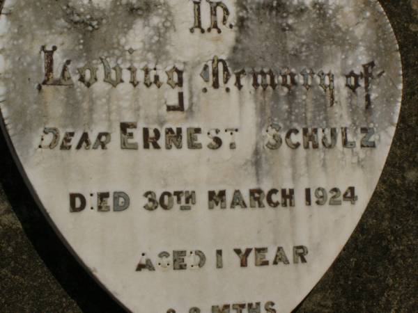 Ernest SCHULZ,  | died 30 March 1924 aged 1 year;  | Dugandan Trinity Lutheran cemetery, Boonah Shire  | 