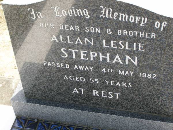 Allan Leslie STEPHAN,  | son brother,  | died 4 May 1982 aged 55 years;  | Dugandan Trinity Lutheran cemetery, Boonah Shire  | 