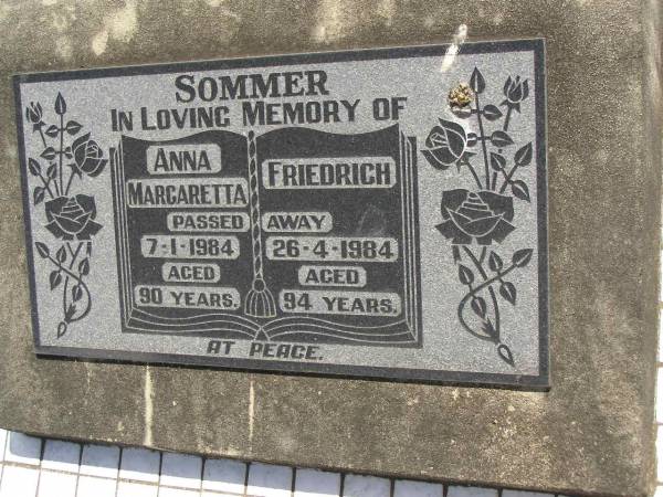 Anna Margaretta SOMMER,  | died 7-1-1984 aged 90 years;  | Friedrich SOMMER,  | died 26-4-1984 aged 94 years;  | Dugandan Trinity Lutheran cemetery, Boonah Shire  | 