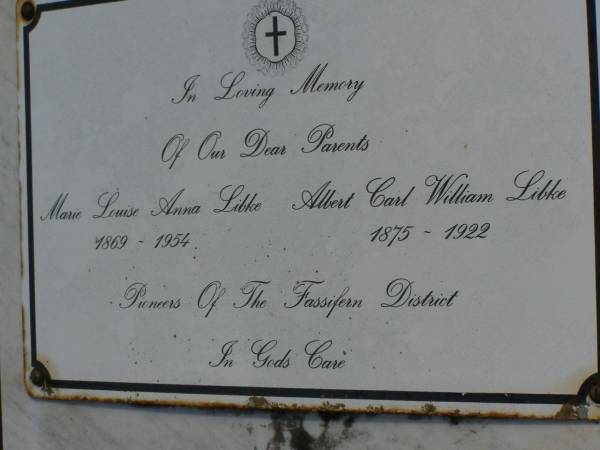 parents;  | Marie Louise Ann LIBKE,  | 1869 - 1954;  | Albert Carl William LIBKE,  | 1875 - 1922;  | Dugandan Trinity Lutheran cemetery, Boonah Shire  | 