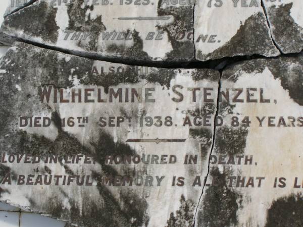 August STENZEL,  | husband of Wilhelmine STENZEL,  | died 21 Feb 1923 aged 75 years;  | Wilhelmine STENZEL,  | died 16 Sep 1938 aged 84 years;  | Dugandan Trinity Lutheran cemetery, Boonah Shire  | 