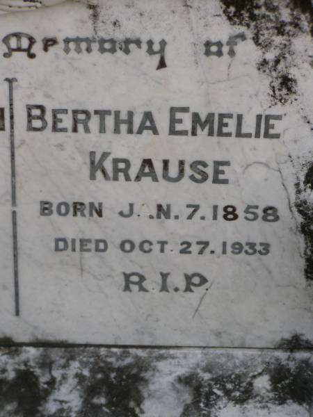 Michael Christian KRAUSE,  | born 4 Sept 1853,  | died 16 May 1931;  | Bertha Emelie KRAUSE,  | born 7 Jan 1858,  | died 27 Oct 1933;  | Dugandan Trinity Lutheran cemetery, Boonah Shire  | 