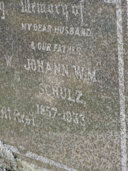 Auguste A.W. SCHULZ,  | mother,  | 1861 - 1941;  | Johann W.M. SCHULZ,  | husband father,  | 1857 - 1933;  | Dugandan Trinity Lutheran cemetery, Boonah Shire  | 
