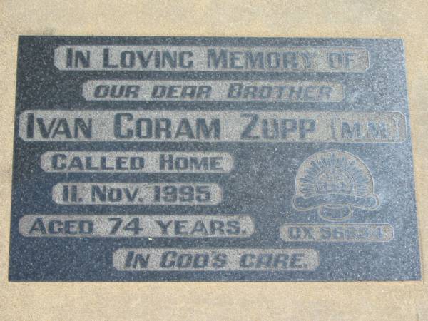 Ivan Coram ZUPP,  | brother,  | died 11 Nov 1995 aged 74 years;  | Dugandan Trinity Lutheran cemetery, Boonah Shire  | 