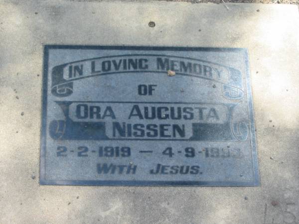 Ora Augusta NISSEN,  | 2-2-1919 - 4-9-1993;  | Dugandan Trinity Lutheran cemetery, Boonah Shire  | 