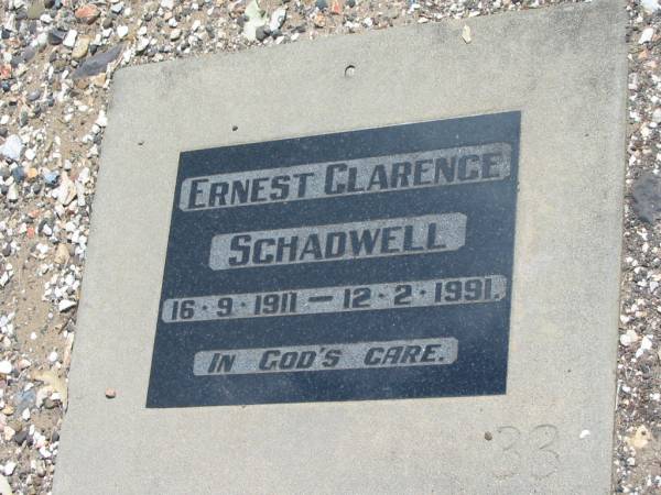 Ernst Clarence SCHADWELL,  | 16-9-1911 - 12-2-1991;  | Dugandan Trinity Lutheran cemetery, Boonah Shire  | 