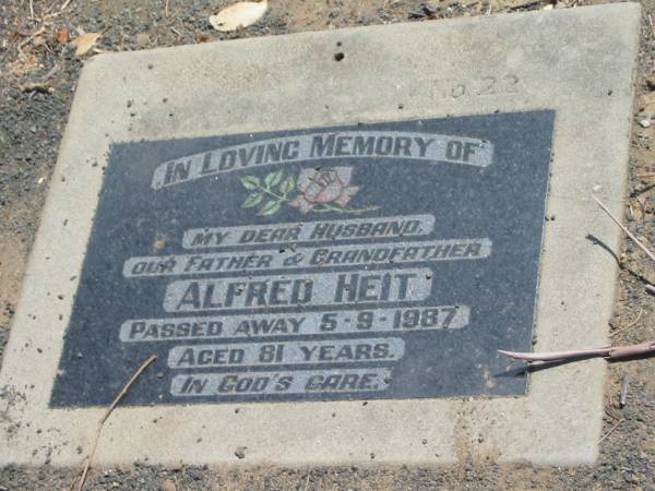 Alfred HEIT,  | husband father grandfather,  | died 5-9-1987 aged 81 years;  | Dugandan Trinity Lutheran cemetery, Boonah Shire  | 