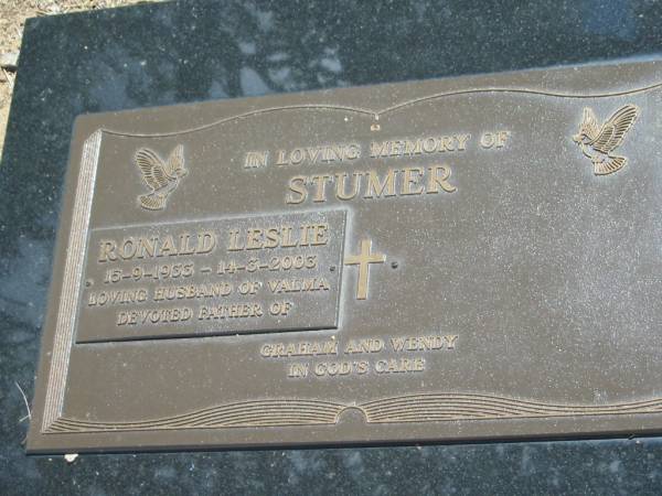 Ronald Leslie STUMER,  | 15-9-1933 - 14-3-2003,  | husband of Valma,  | father of Graham & Wendy;  | Dugandan Trinity Lutheran cemetery, Boonah Shire  | 