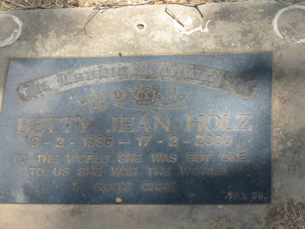Betty Jean HOLZ,  | 8-2-1936 - 17-2-2000;  | Dugandan Trinity Lutheran cemetery, Boonah Shire  | 