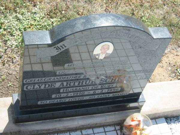 Clyde Arthur SCHELBACH,  | husband father grandfather great-grandfather  | great-great-grandfather,  | husband of Ruby,  | 20-2-1910 - 6-2-1996;  | Dugandan Trinity Lutheran cemetery, Boonah Shire  | 