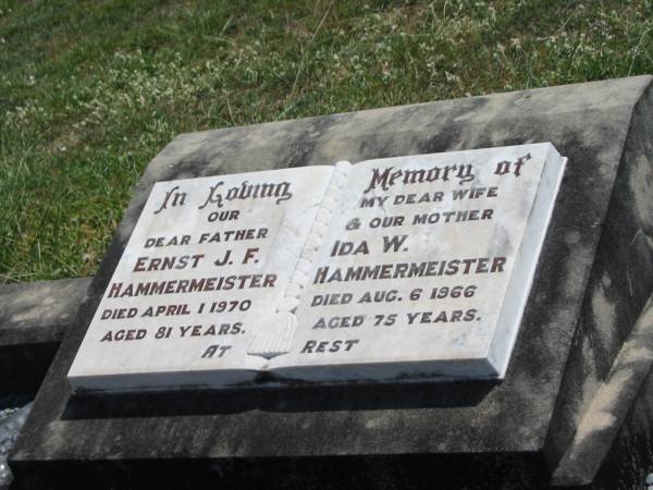 Ernst J.F. HAMMERMEISTER,  | father,  | died 1 April 1970 aged 81 years;  | Ida W. HAMMERMEISTER,  | wife mother,  | died 6 Aug 1966 aged 75 years;  | Dugandan Trinity Lutheran cemetery, Boonah Shire  | 
