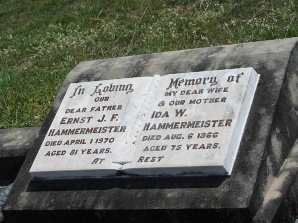 Ernst J.F. HAMMERMEISTER,  | father,  | died 1 April 1970 aged 81 years;  | Ida W. HAMMERMEISTER,  | wife mother,  | died 6 Aug 1966 aged 75 years;  | Dugandan Trinity Lutheran cemetery, Boonah Shire  | 