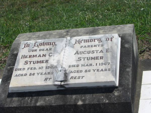 parents;  | Herman C. STUMER,  | died 10 Feb 1964 aged 86 years;  | Augusta E. STUMER,  | died 1 Mar 1967 aged 86 years;  | Dugandan Trinity Lutheran cemetery, Boonah Shire  | 