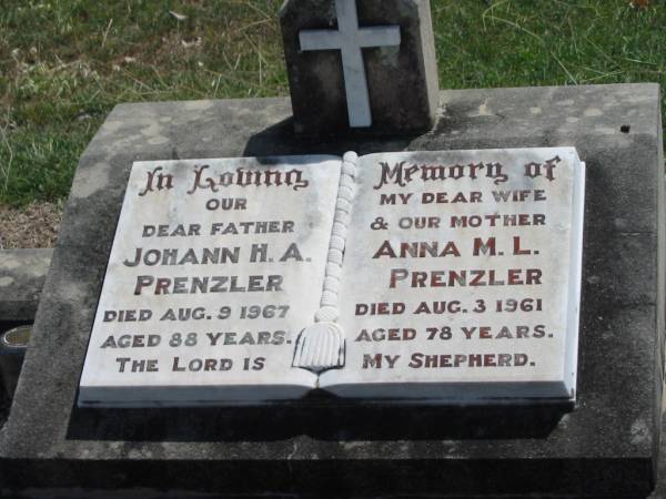 Johann H.A. PRENZLER,  | father,  | died 9 Aug 1967 aged 85 years;  | Anna M.L. PRENZLER,  | wife mother,  | died 3 Aug 1961 aged 78 years;  | Dugandan Trinity Lutheran cemetery, Boonah Shire  | 