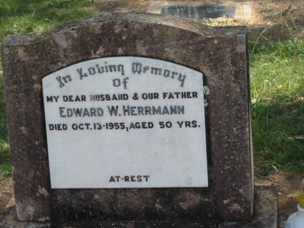Edward W. HERRMANN,  | husband father,  | died 13 Oct 1955 aged 50 years;  | Dugandan Trinity Lutheran cemetery, Boonah Shire  | 