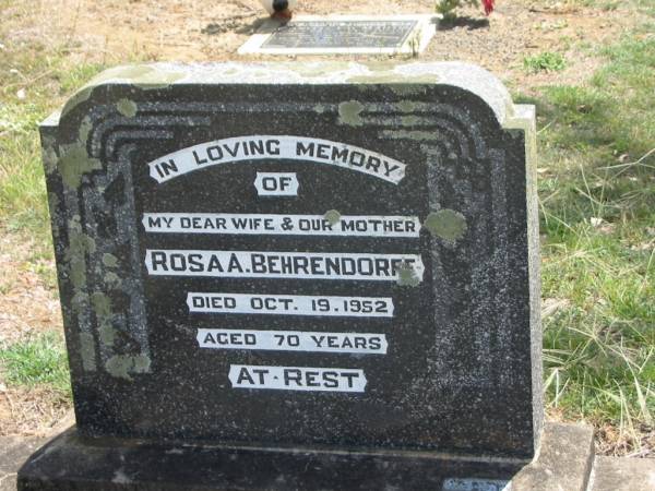 Rosa A. BEHRENDORFF,  | wife mother,  | died 19 Oct 1952 aged 70 years;  | Dugandan Trinity Lutheran cemetery, Boonah Shire  | 
