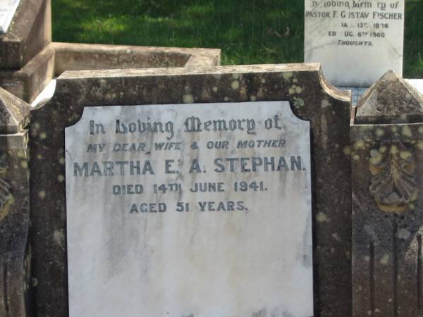 Martha E.A. STEPHAN,  | died 14 June 1941 aged 51 years;  | Dugandan Trinity Lutheran cemetery, Boonah Shire  | 