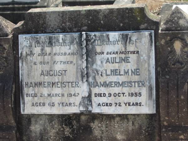 August HAMMERMEISTER,  | husband father,  | died 21 March 1942 aged 65 years;  | Pauline Wilhelmine HAMMERMEISTER,  | mother,  | died 9 Oct 1955 aged 72 years;  | Dugandan Trinity Lutheran cemetery, Boonah Shire  | 