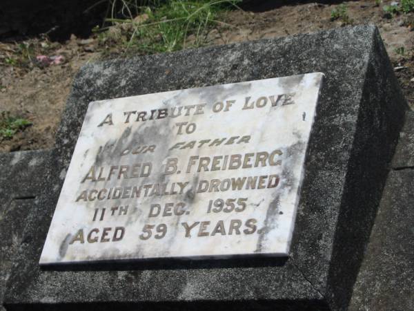 Alfred B. FREIBERG,  | father,  | accidentally drowned 11 Dec 1955 aged 59 years;  | Dugandan Trinity Lutheran cemetery, Boonah Shire  | 