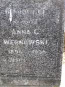 parents; August H.W. WERNOWSKI, 1858 - 1929; Anna C. WERNOWSKI, 1858 - 1936; Dugandan Trinity Lutheran cemetery, Boonah Shire 