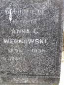 parents;
August H.W. WERNOWSKI,
1858 - 1929;
Anna C. WERNOWSKI,
1858 - 1936;
Dugandan Trinity Lutheran cemetery, Boonah Shire