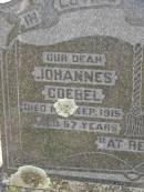 parents;
Johannes GOEBEL,
died 15 Sept 1915 aged 57 years;
Emilie A.M.I. GOEBEL,
died 22 Sept 1939 ged 79 years;
William GOEBBEL,
2nd son,
died 29 June 1944 aged 60 years;
Dugandan Trinity Lutheran cemetery, Boonah Shire
