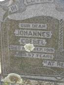 
parents;
Johannes GOEBEL,
died 15 Sept 1915 aged 57 years;
Emilie A.M.I. GOEBEL,
died 22 Sept 1939 ged 79 years;
William GOEBBEL,
2nd son,
died 29 June 1944 aged 60 years;
Dugandan Trinity Lutheran cemetery, Boonah Shire
