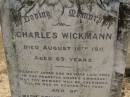 
Charles WICKMANN,
died 16 Aug 1911 aged 69 years;
Marie Ernstina Wilhelmina WICKMANN,
wife,
died 7 Sept 1939 aged 82 years;
Dugandan Trinity Lutheran cemetery, Boonah Shire
