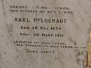 Wilhelmine PFLUGRADT, born 7 Jan 1834, died 1 March 1908; Karl PFLUGRADT, born 20 May 1834, died 28 March 1916; Dugandan Trinity Lutheran cemetery, Boonah Shire 
