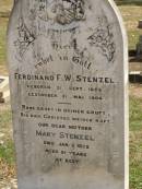 Ferdinand F.W. STENZEL,
born 21 Sept 1852,
died 31 May 1904;
Mary STENZEL,
mother,
died 2 Jan 1855 aged 91 years;
Dugandan Trinity Lutheran cemetery, Boonah Shire